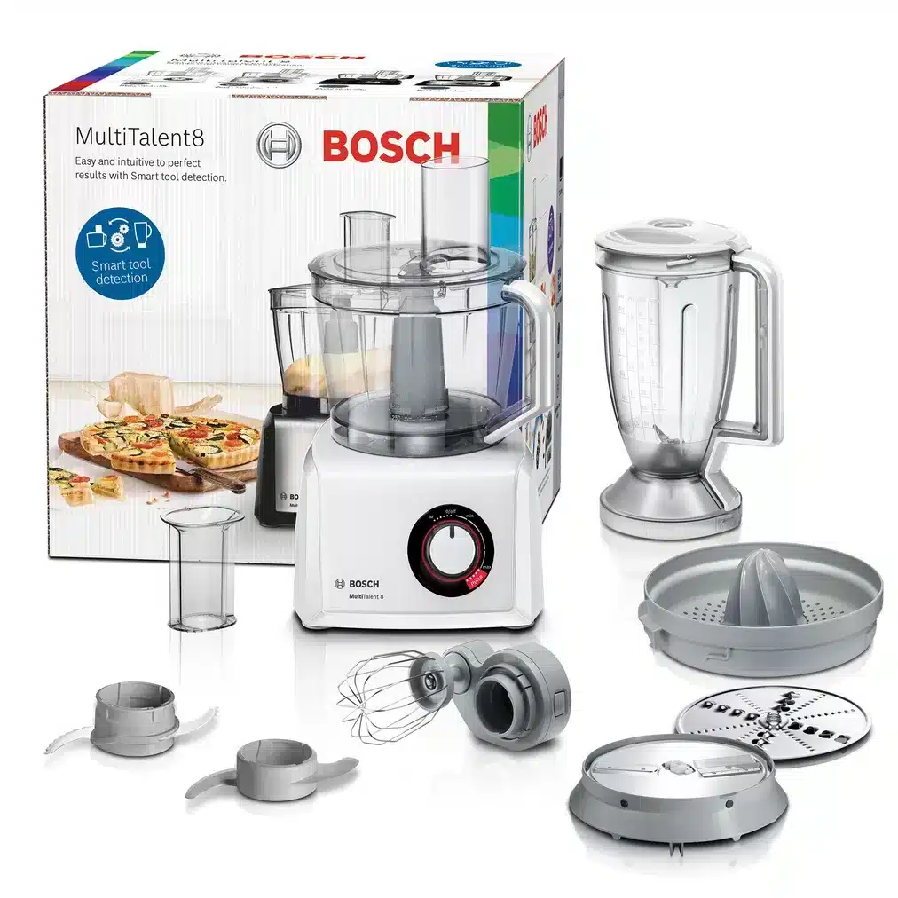 Bosch Home - The Bosch MultiTalent 8 1250W food processor comes with a  variety of accessories such as a large 3.9l mixing bowl, 1.5l blender,  citrus press, dough tool, whisk and a