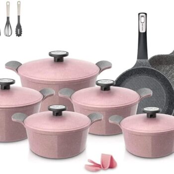 Neoflam Korean Granite Pote Cookware Set of 20 Pieces, Pink Marble