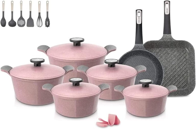 Neoflam Korean Granite Pote Cookware Set of 20 Pieces, Pink Marble