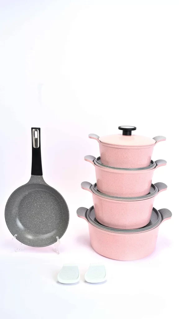 Neoflam Korean Granite Pote Cookware Set of 11 Pieces, Pink Marble 4umart
