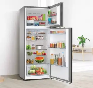 free standing fridge freezer with freezer at top 171 x 60 cm Inox look metallic