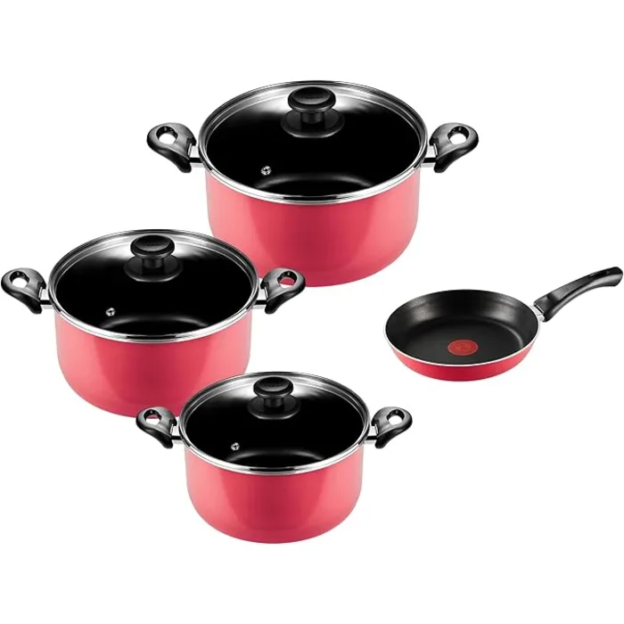 Tefal Minute Cooking Set with Glass Lid, 3 Stewpot Size( 18-22-26) + Frypan 20 - Red ,4300007503