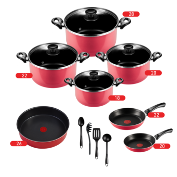 Tefal Minute Cooking Set With Glass Lid, Stewpots 18,20,22,28 + Frypan 20,22 + Oven tray 26 + Free Kitchen Tools ,4300008068