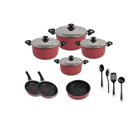 Tefal Minute Cooking Set ,4 Stewpots ( 18-20-22-28 ) + 2 Frypan ( 20-22) + Oven Dish 26 + 4 Kitchen Tools ,Red