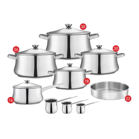 Zahran Stainless Steel Classic Cooking Set, Stewpots 18,20,26,30 + Sauce Pan 16 + Round Oven Tray 22 + 3 Coffee Pot ,4300008585