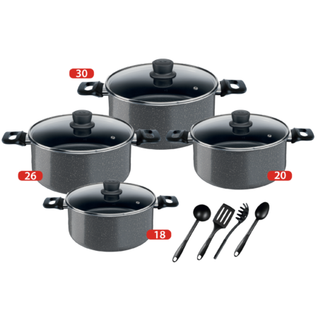 Tefal Cook Natural Cooking Set with Glass Lid, Stewpots 18,20,26,30 + Free Kitchen Tools ,4300007348