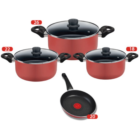 Tefal Minute Stewpot Set With Glass Lid, Size ( 18-20-22-26-30 ) - Red