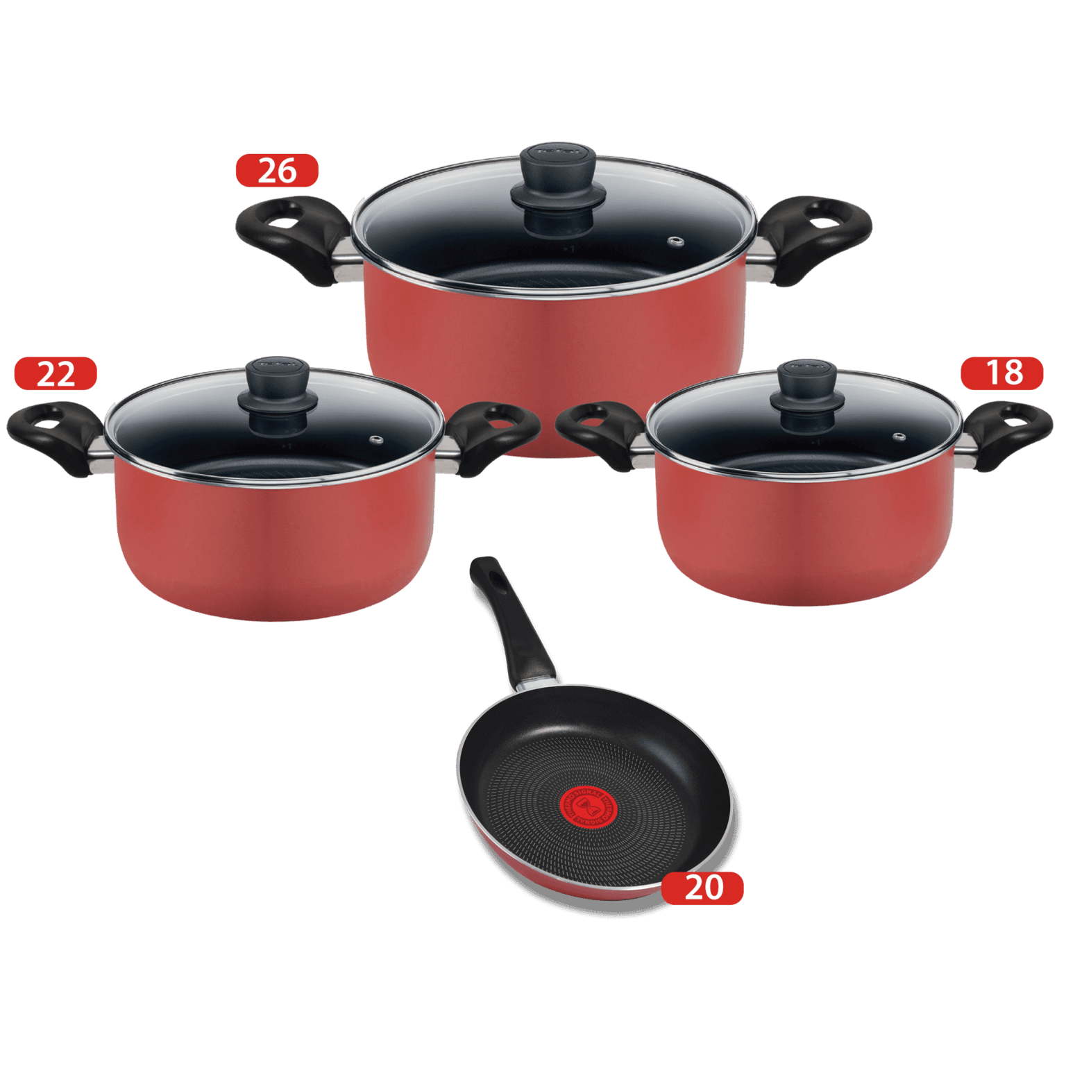 Tefal Minute Cooking Set with Glass Lid, 3 Stewpot Size( 18-22-26) + Frypan 20 - Red ,4300007503