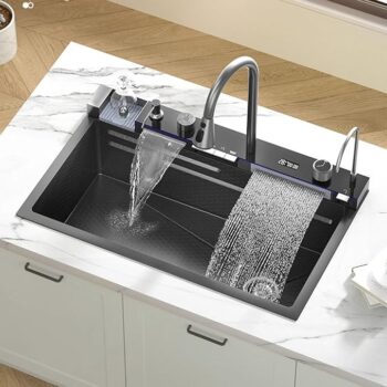 WINTEL Black kitchen sink with Digital Display,Nano 304 Stainless Steel Kitchen Sink with Flying Rain, Pull-Out Faucet, Pressurized Cup Washer B 7546