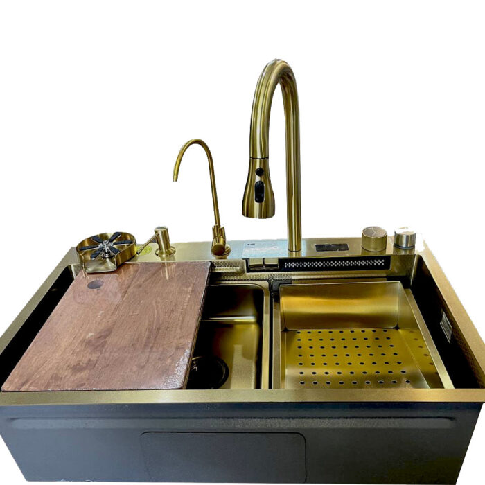 WINTEL Gold kitchen Sink with Digital Display, Flying Rain, Pull-Out Faucet, Cup Washer, kitchen accessories 2G 7546